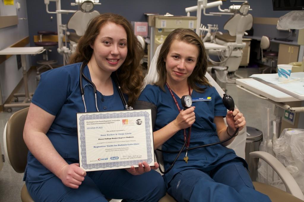 Dental hygiene students Anna Kurkov and Olesja Litvin came in second place at the Washington State Dental Hygienists’ Association. They researched Bulimia for their table clinic on a Hygienists’ Guide for Bulimia, to provide a way to help patients who are undergoing the illness.